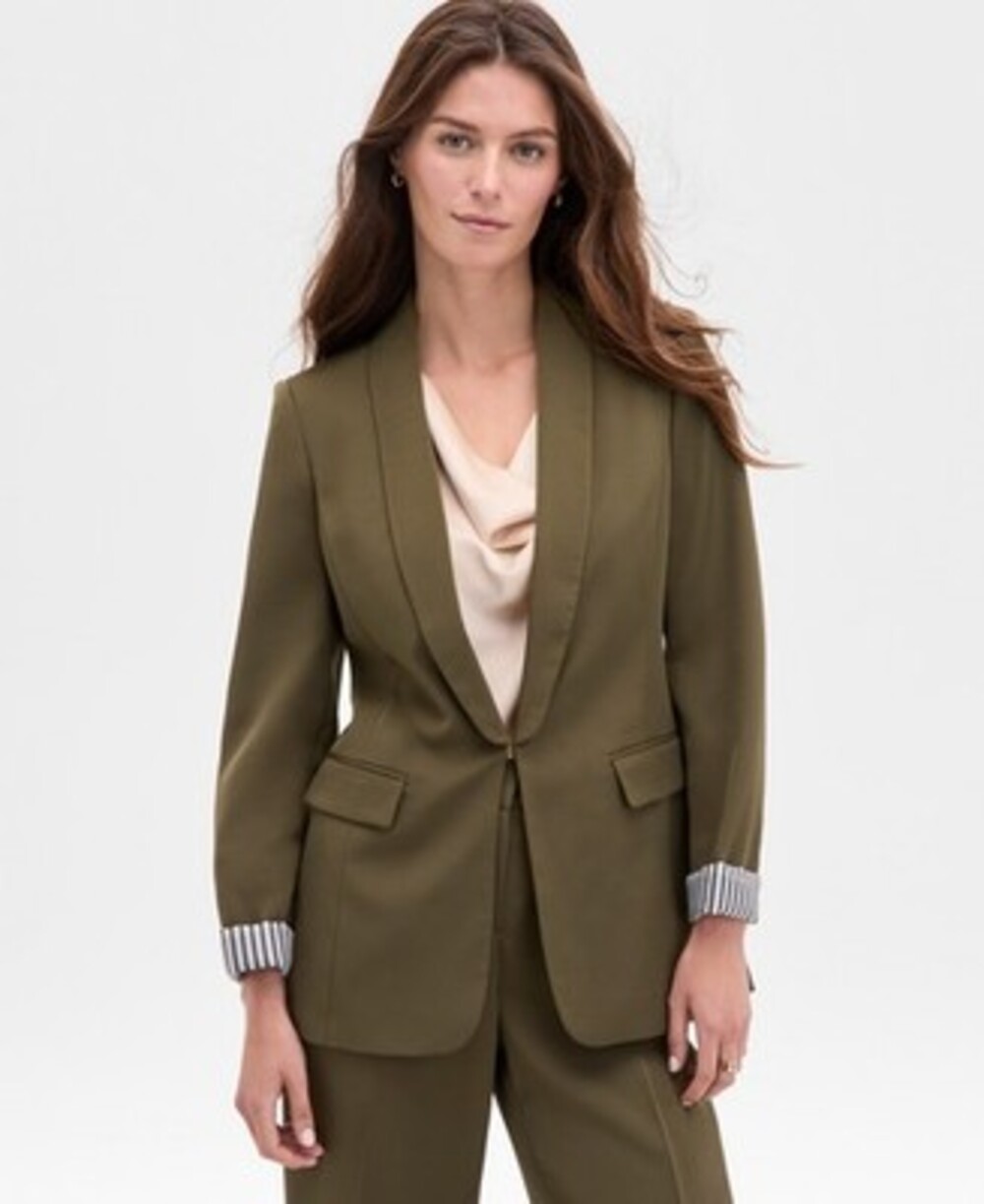 Tahari ASL Brushed Woven Shawl-Collar Jacket Women's 6 Olive Solid Long Sleeve